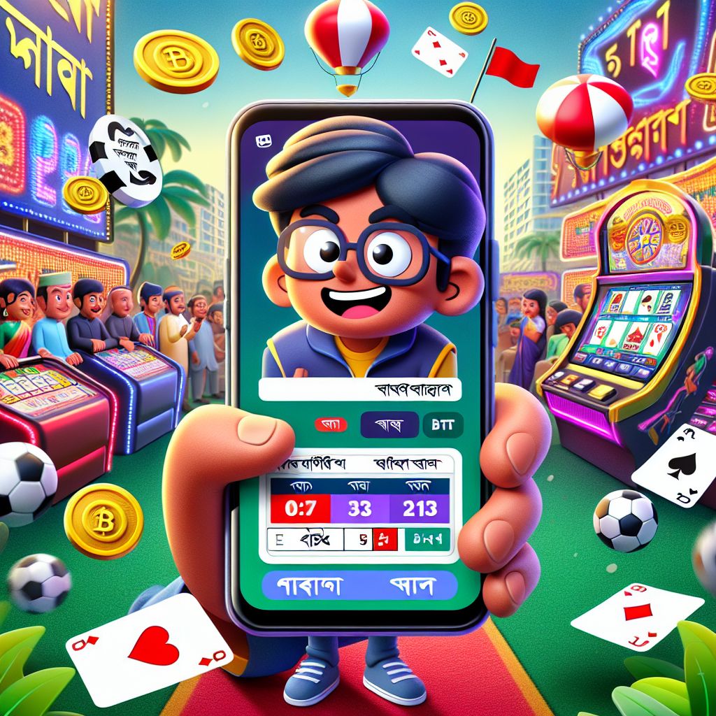 Cartoon character using the BDT55 app on a smartphone with casino icons around