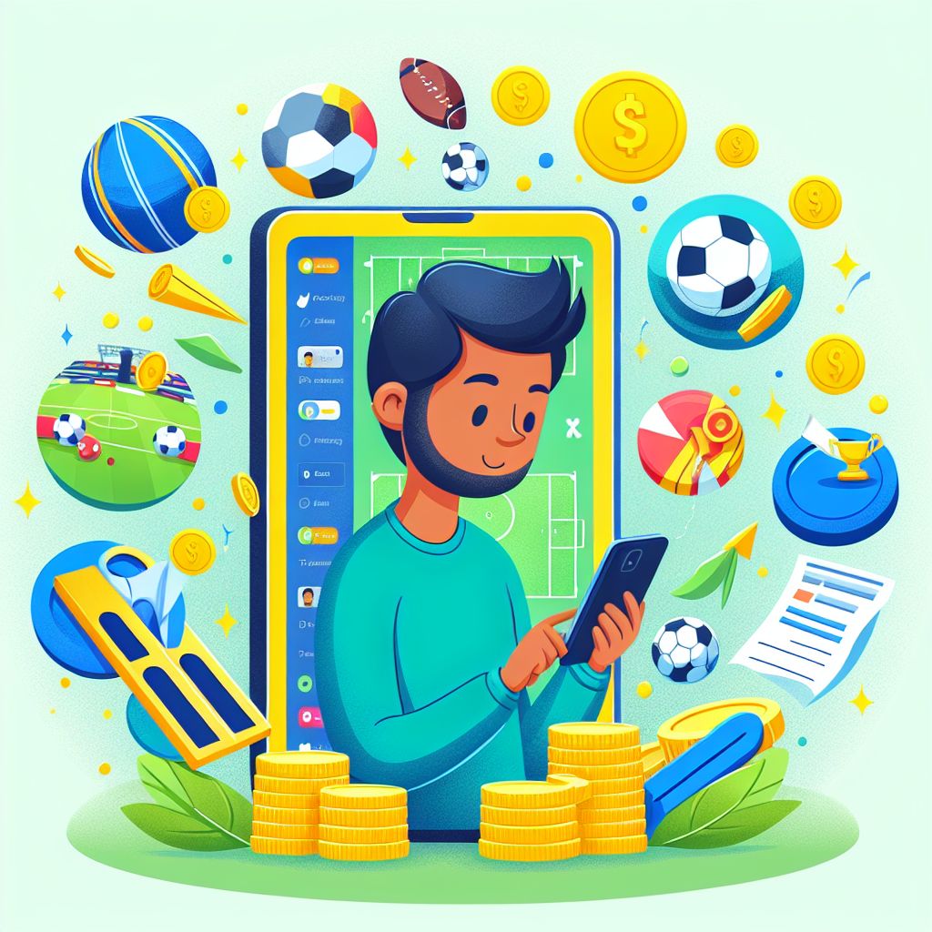 Cartoon Bangladeshi bettor using a mobile betting app with sports icons and coins