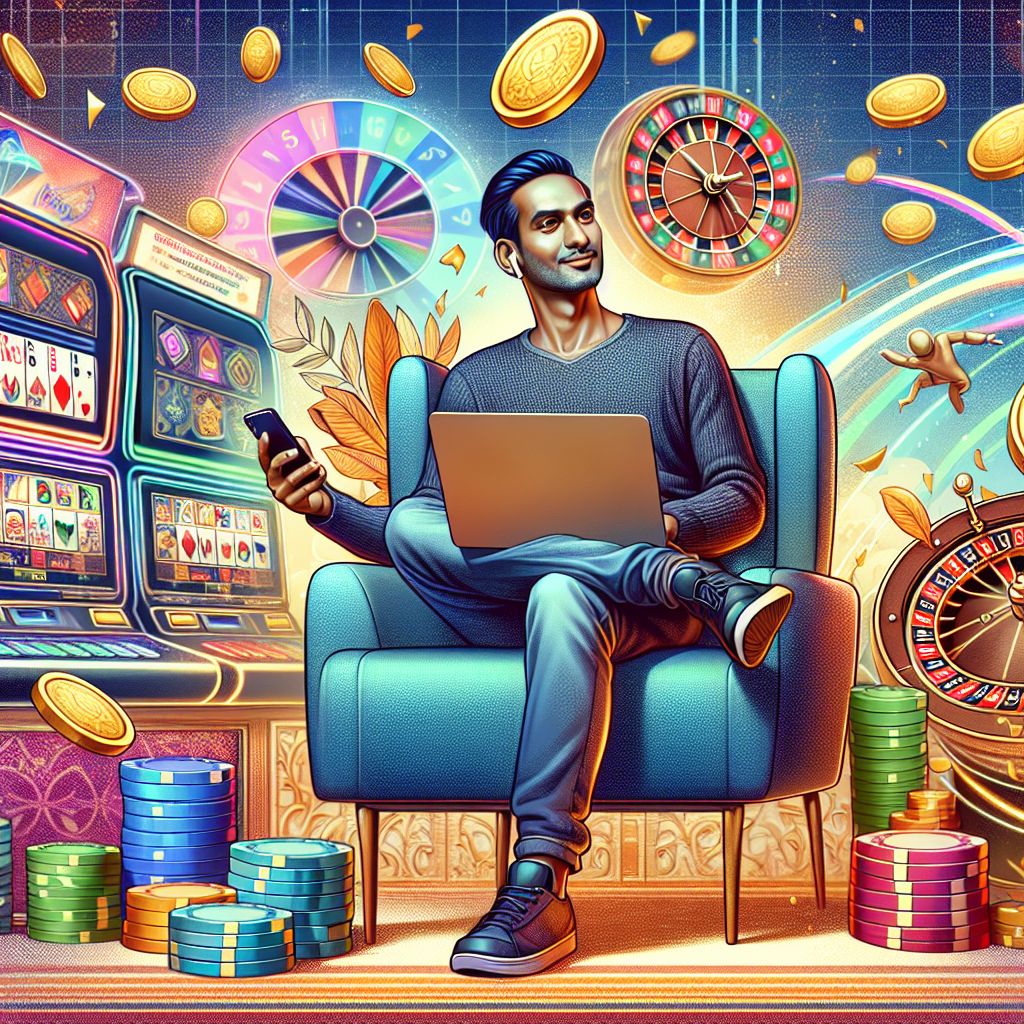 Cartoon-style Bangladeshi player enjoying online casino games on mobile with coins and cards around