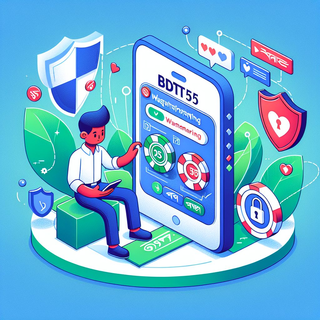 Cartoon character logging into BDT55 on a smartphone with security icons
