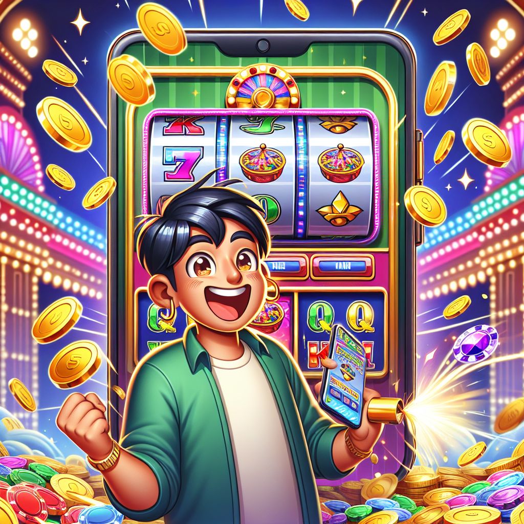 Cartoon character spinning colorful slot reels with coins flying around